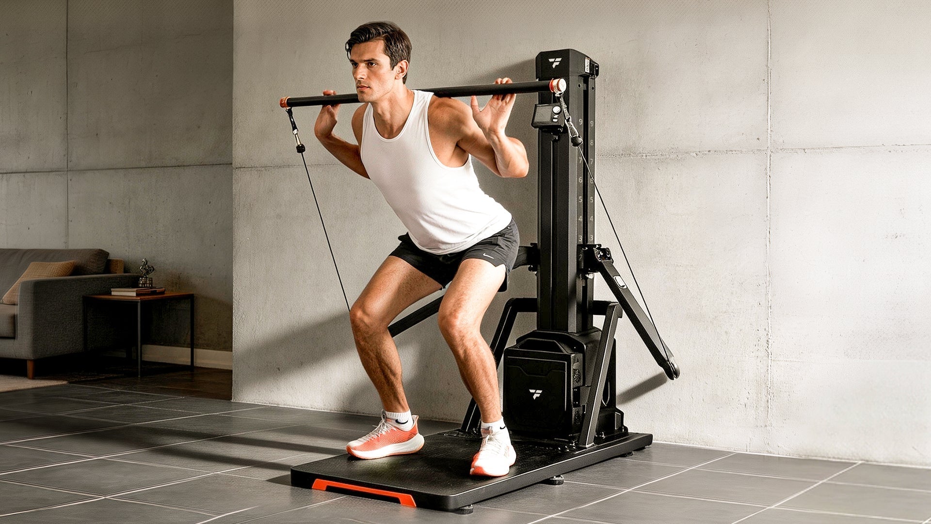 A man in a white tank top and black shorts performing a barbell back squat on a smart home gym platform
