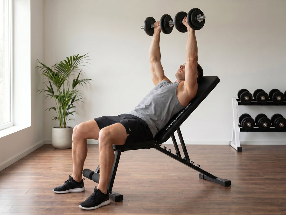 Fit man performing incline dumbbell chest press on adjustable weight bench inside home gym space, dumbbell storage rack and palm houseplant beside wooden flooring room