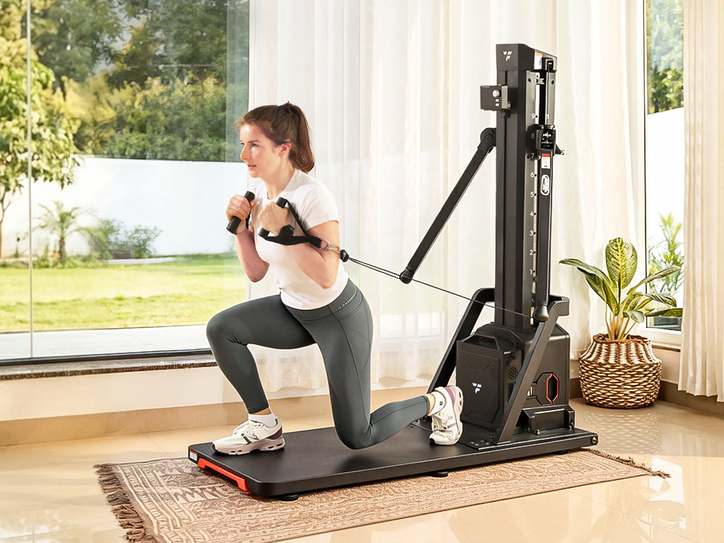 Woman performing cable kneeling squat exercise on multifunctional vertical cable home gym equipment beside bright bay window in bright home living room