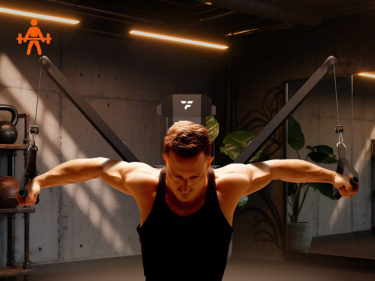 A muscular man in a black tank top performing a chest fly exercise using a dual-arm functional cable machine in a dimly lit home gym