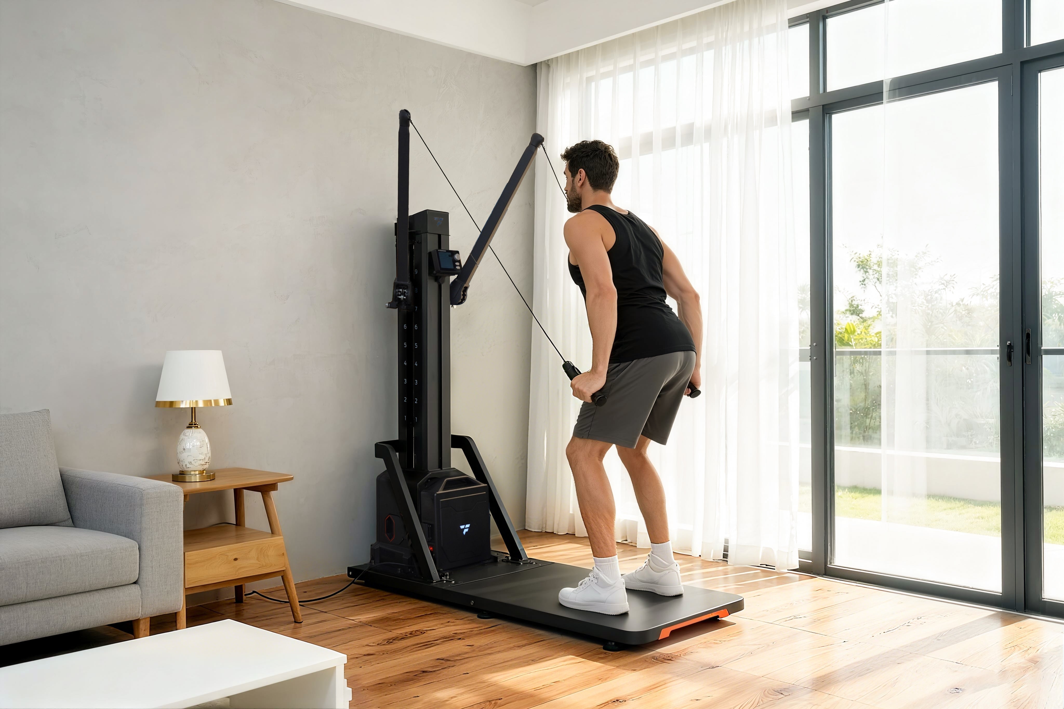 Man performing ski erg triceps pushdown exercise on home gym machine