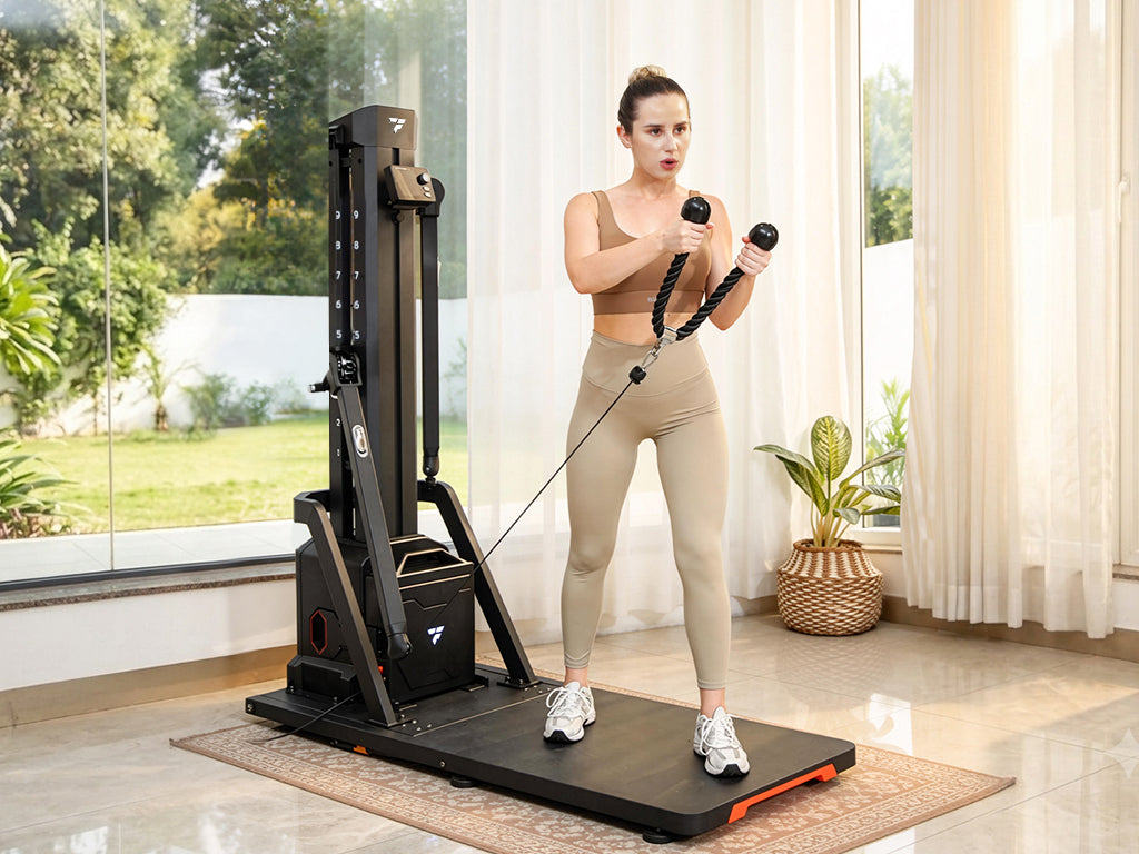Woman doing cable bicep curl workout with multi-functional smart home resistance training machine, full body strength training equipment for home gym