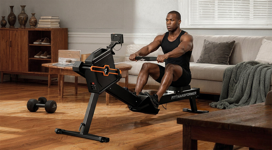 A man rowing on the FitTransformer rowing machine in a cozy living room with wooden floors and classic furniture