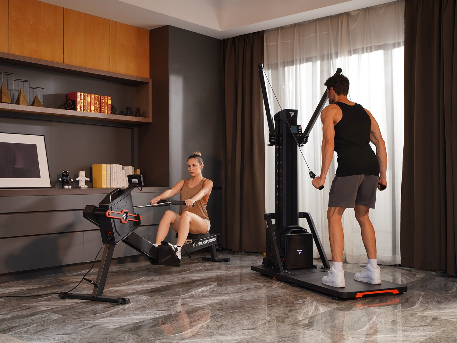 FitTransformer ski erg and rowing machine in a bright home gym for compact HIIT cardio workouts