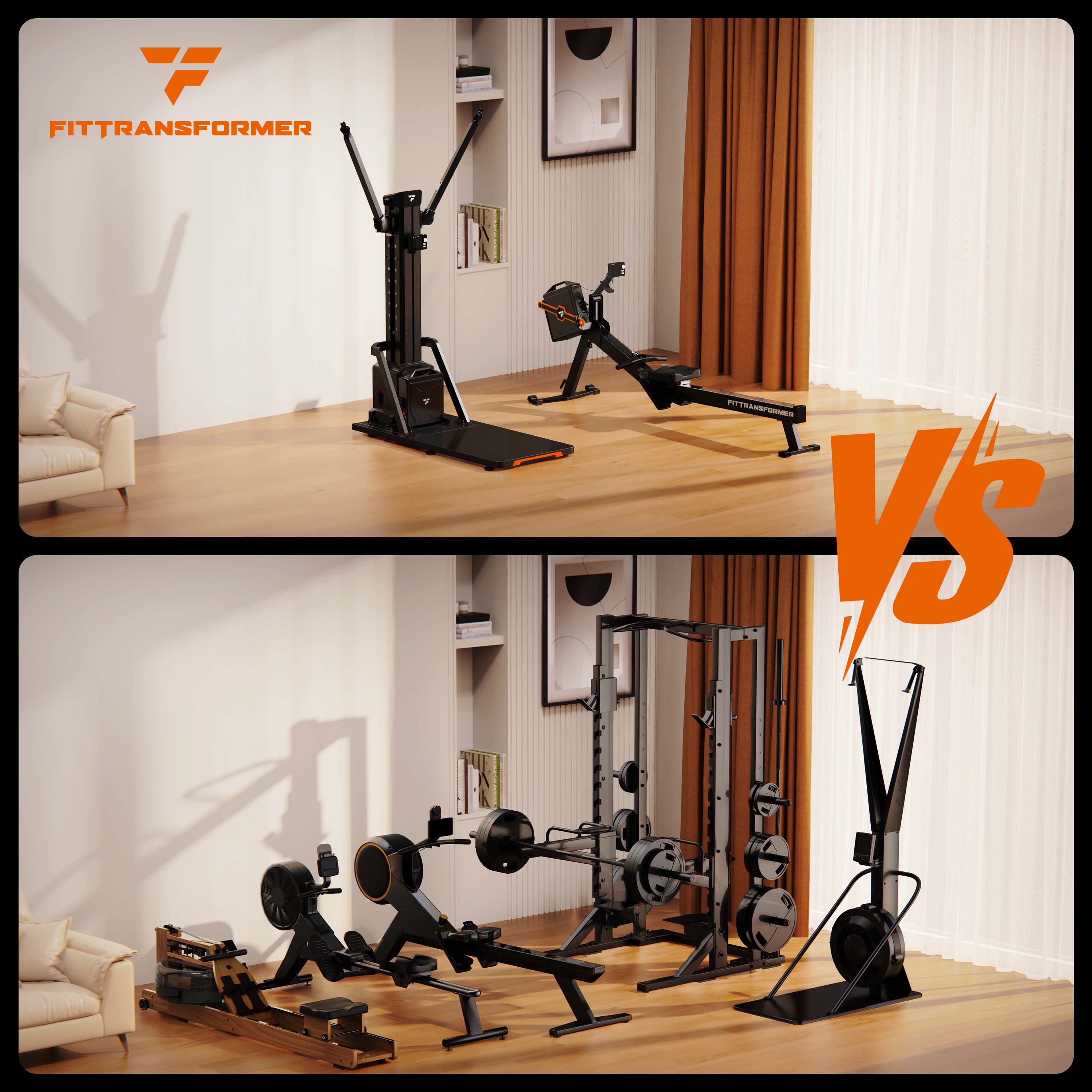 FitTransformer compact gym equipment versus traditional fitness equipment setup in modern home gym space