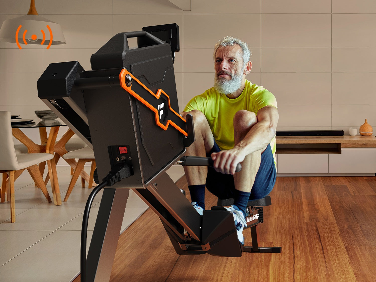 A senior man in a bright yellow shirt using the FitTransformer rowing machine at home, with a wireless connectivity indicator graphic overlay