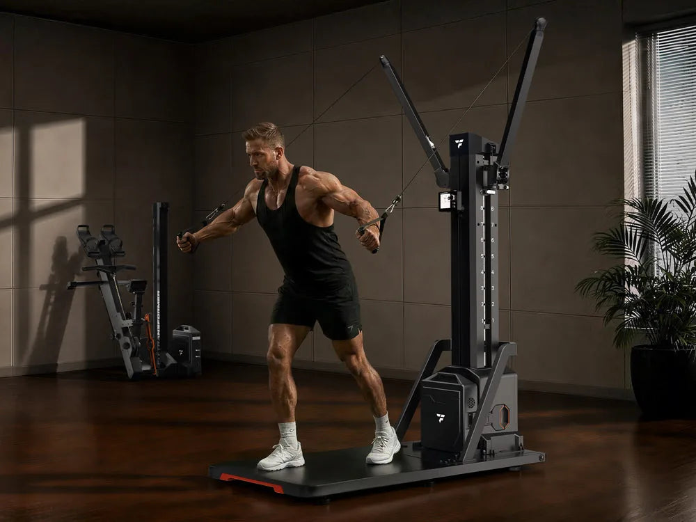 Muscular man in black tank top performing cable chest fly exercise on all-in-one smart modular home gym in modern home fitness room