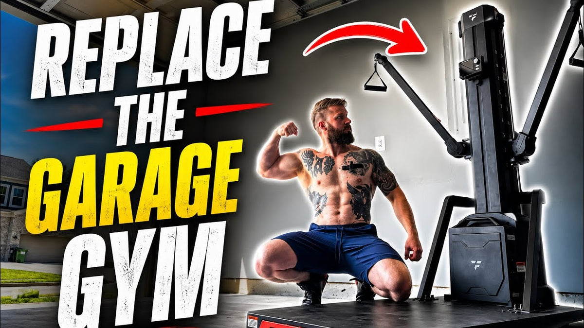 Man flexing bicep next to cable machine with text 'REPLACE THE GARAGE GYM'