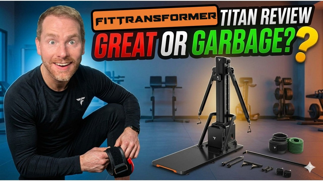 Man with surprised expression crouching by FitTransformer Titan in home gym